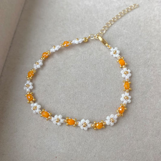 Small Orange Beaded Crystal Flower Bracelet