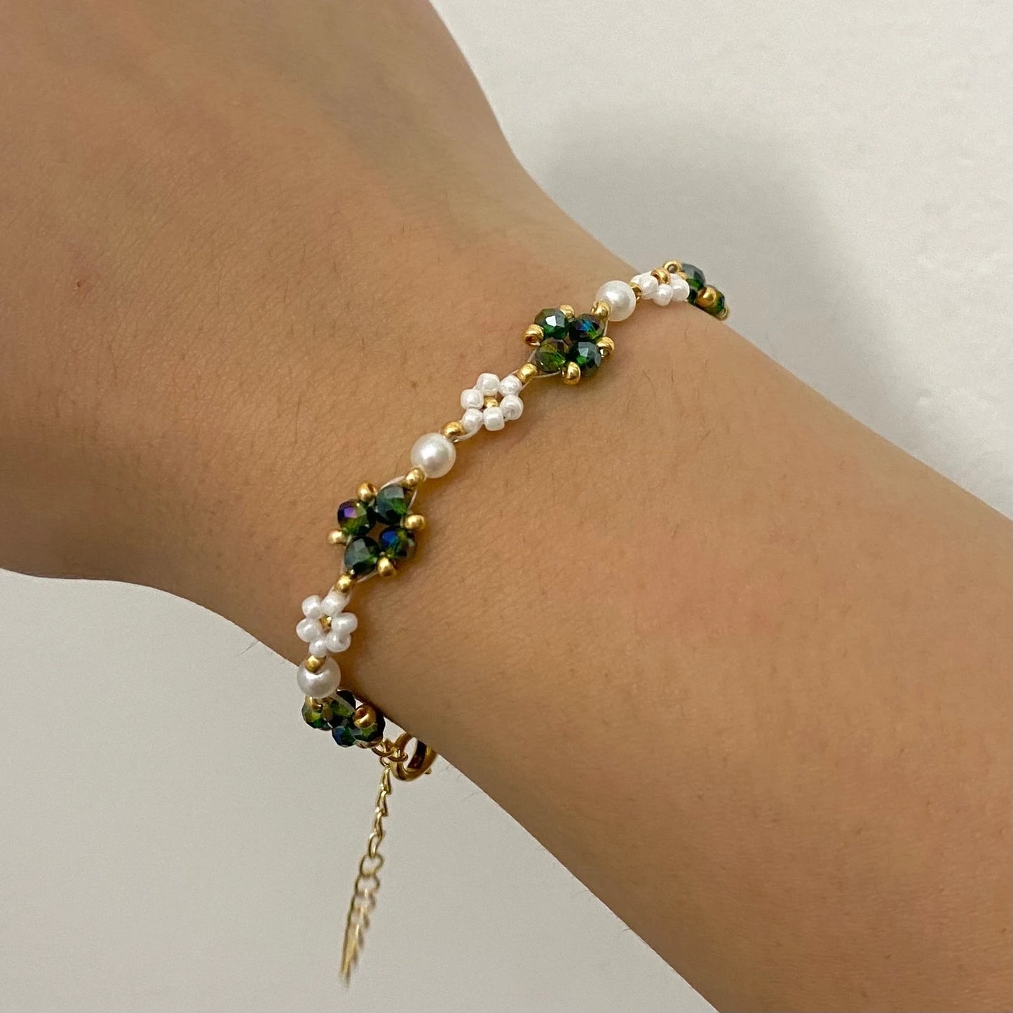 Emerald Crystal Beaded Flower Bracelet