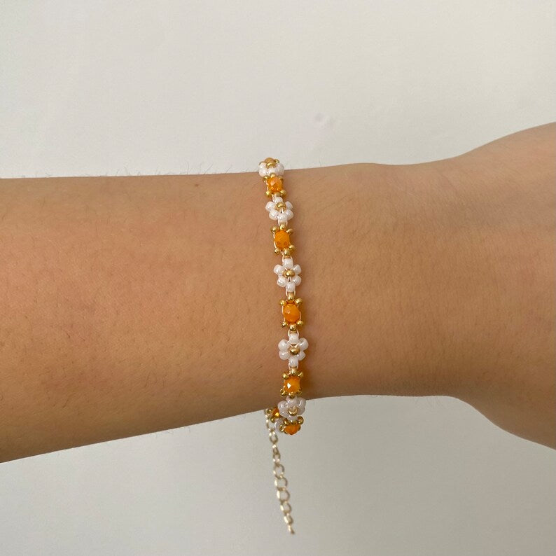 Small Orange Beaded Crystal Flower Bracelet