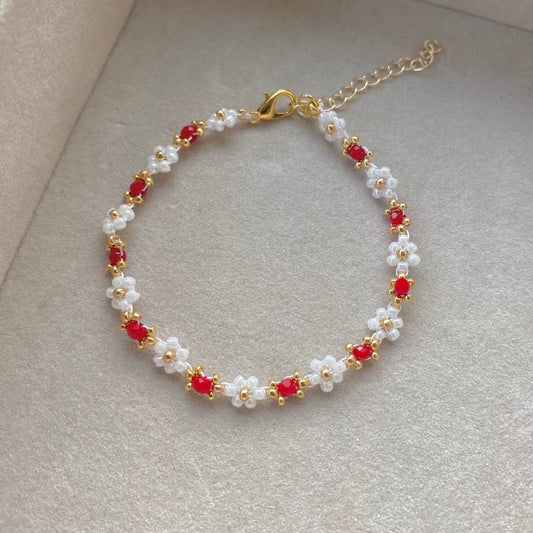Small Red Beaded Crystal Flower Bracelet