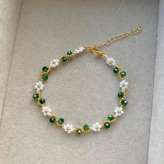 Emerald Wave Beaded Flower Bracelet