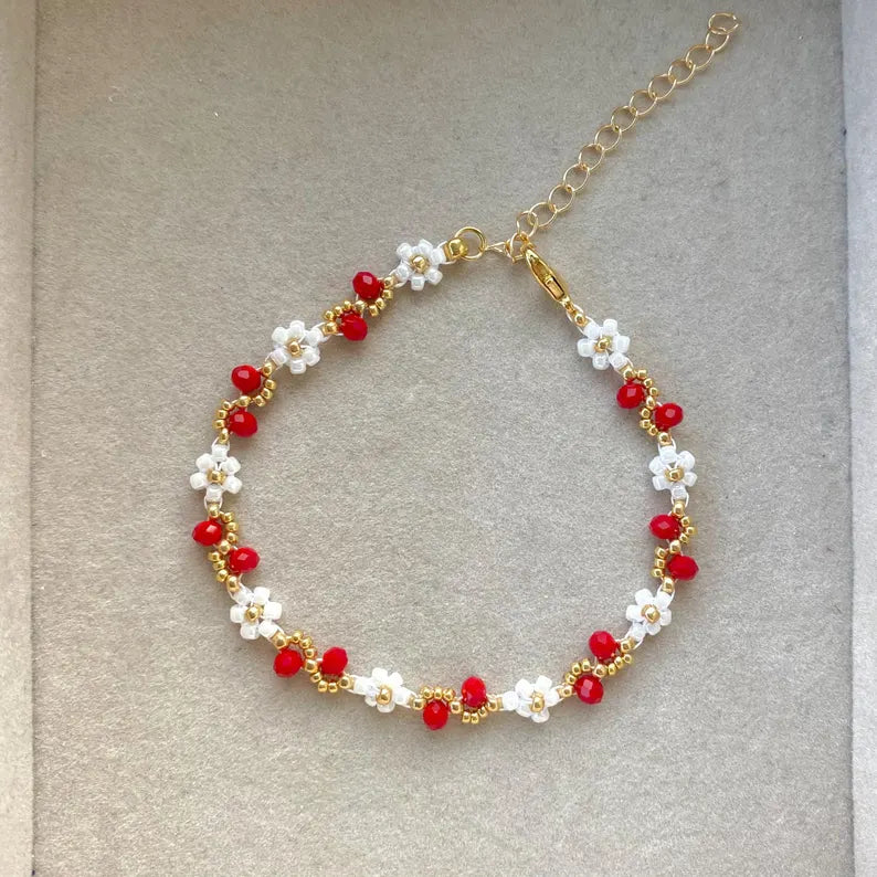 Red Wave Beaded Flower Bracelet