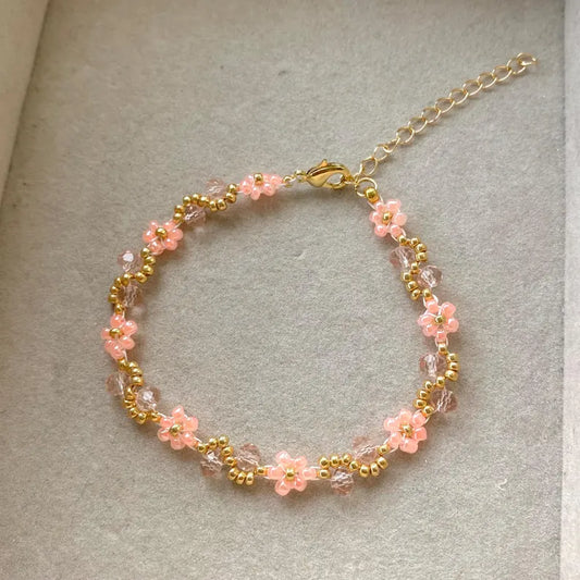 Pink Wave Beaded Flower Bracelet