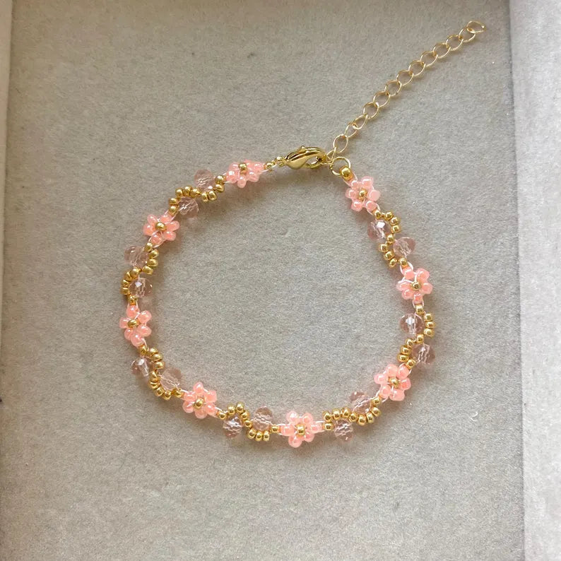 Pink Wave Beaded Flower Bracelet