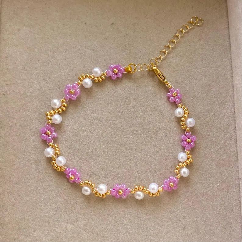 Purple Wave Beaded Flower Bracelet