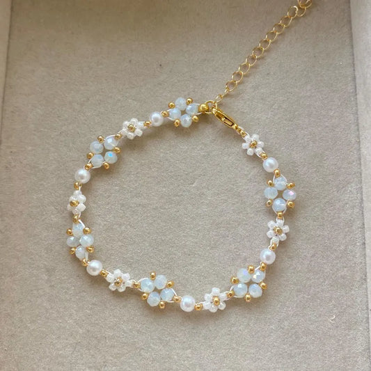 White Crystal Beaded Flower Bracelet