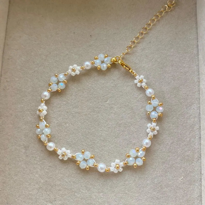 White Crystal Beaded Flower Bracelet