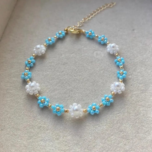 Blue Crystal Beaded Flower Bracelet