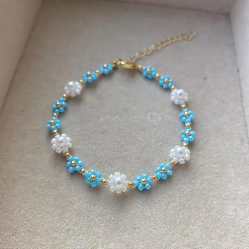 Blue Crystal Beaded Flower Bracelet