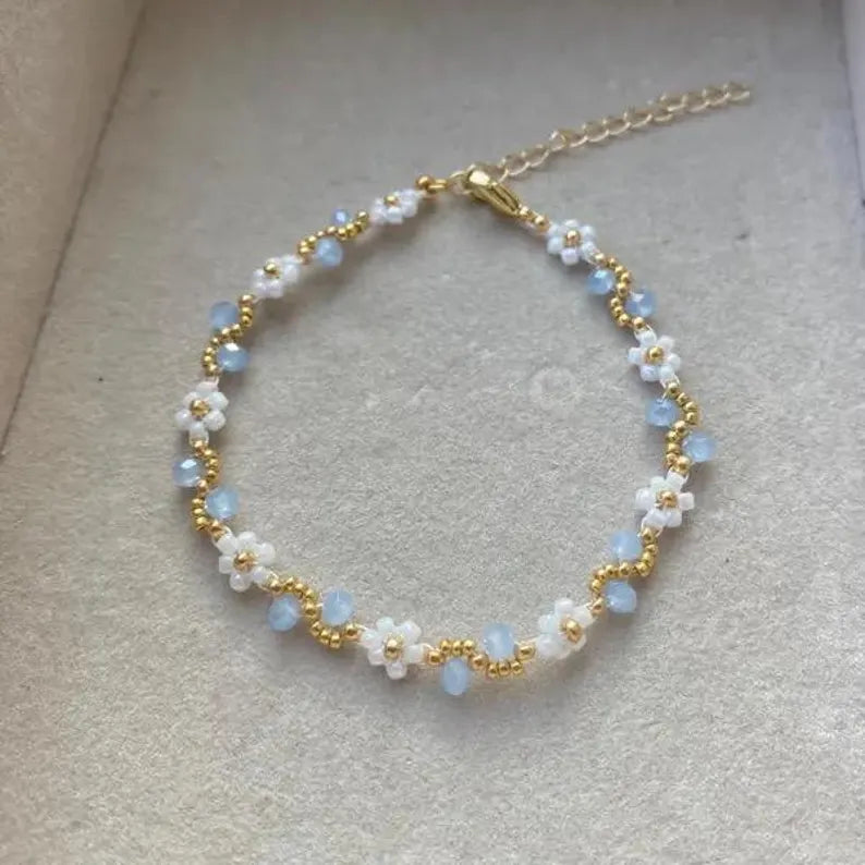 Blue Wave Beaded Flower Bracelet