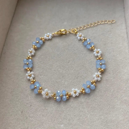 Blue Crystal Beaded Flower Bracelet