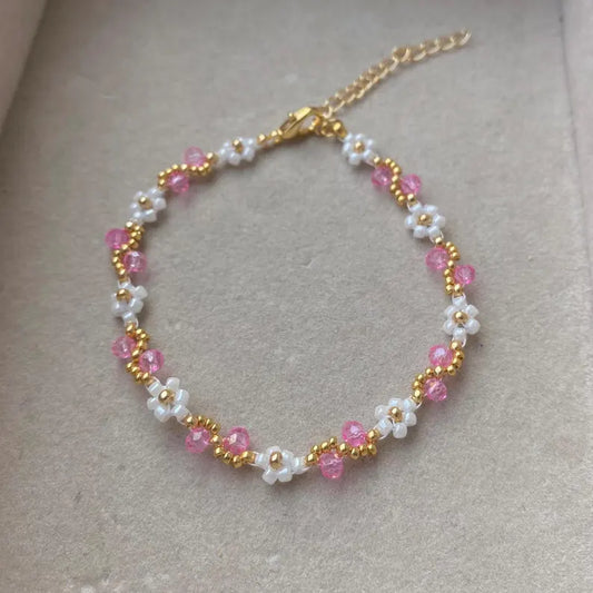 Hot Pink Wave Beaded Flower Bracelet
