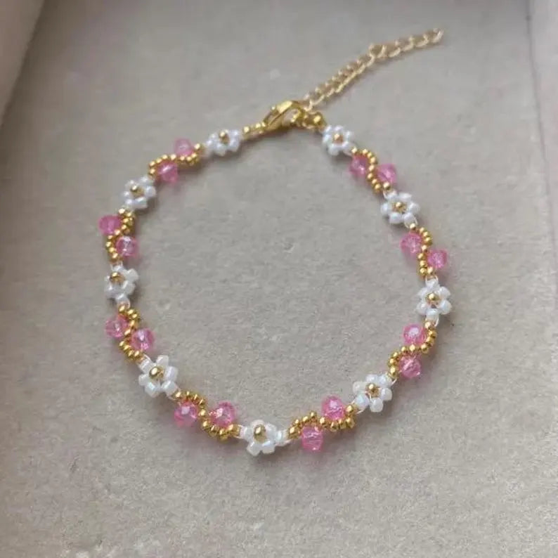 Hot Pink Wave Beaded Flower Bracelet