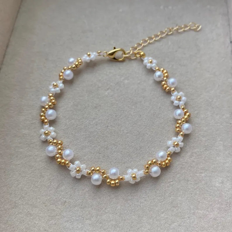 Pearl Wave Beaded Flower Bracelet