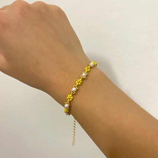 Small Yellow Pearl Beaded Crystal Flower Bracelet