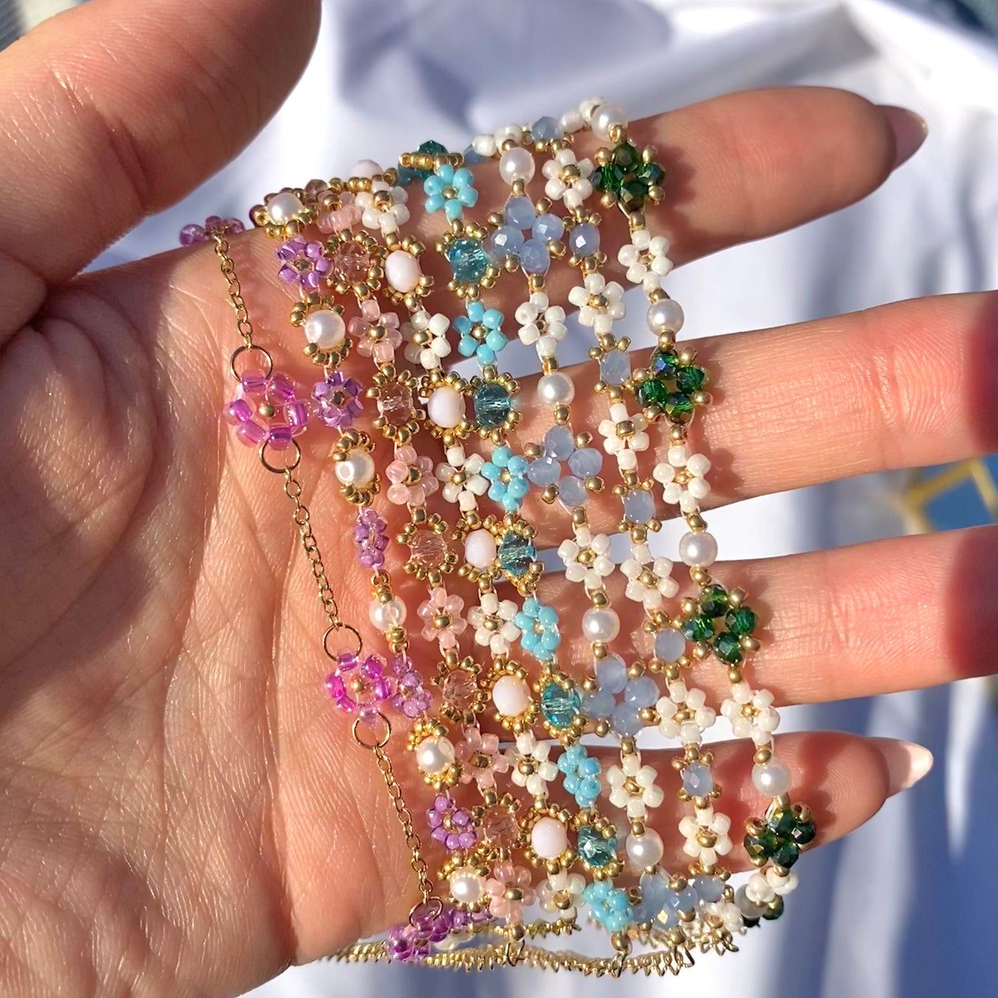 Blue Crystal Flower Beaded Bracelet