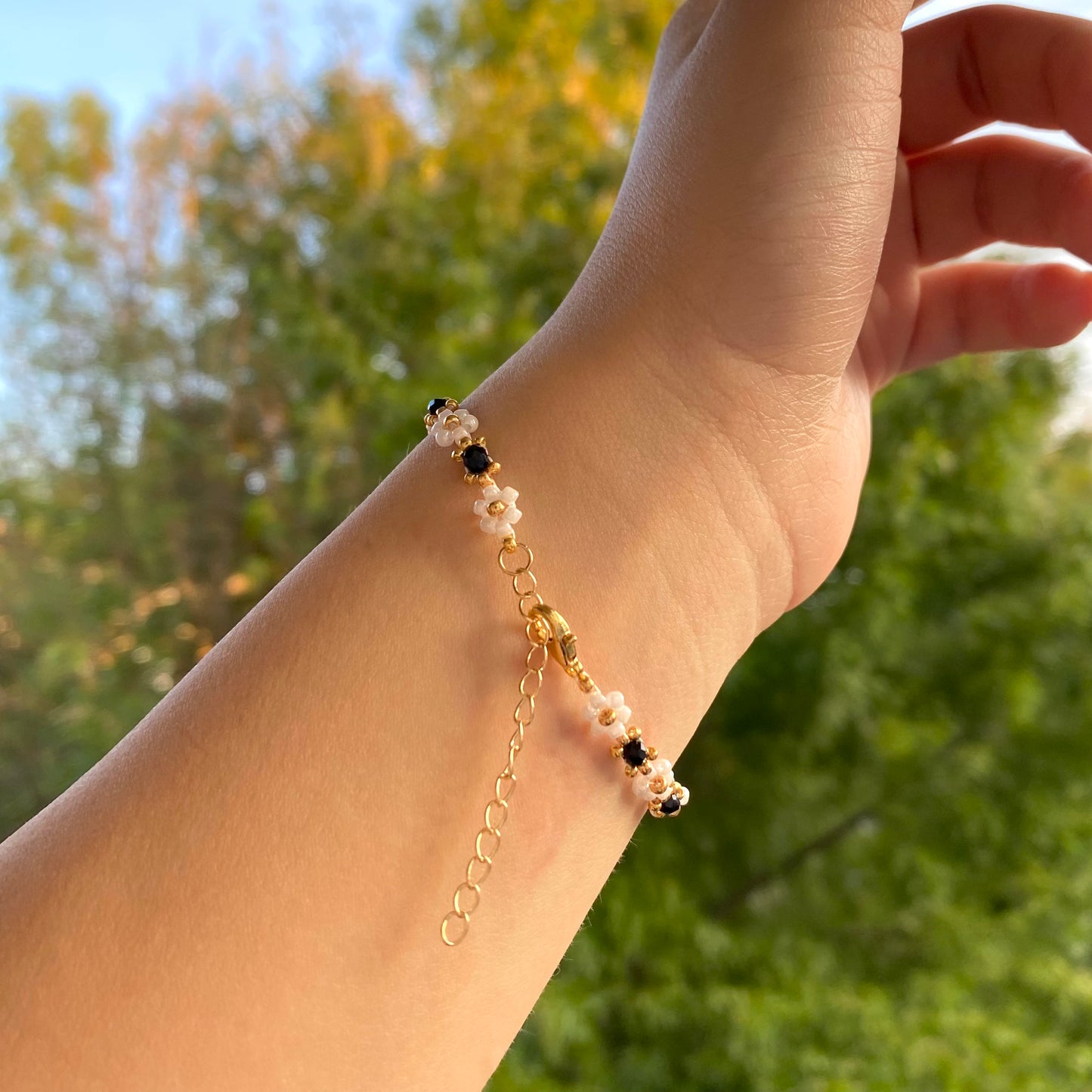 Small Black Beaded Crystal Flower Bracelet