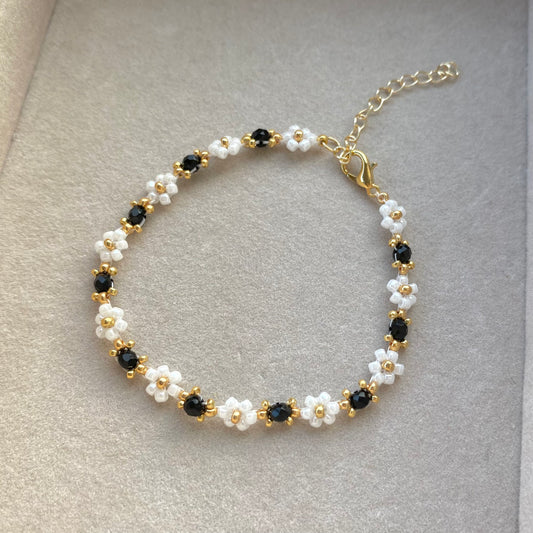Small Black Beaded Crystal Flower Bracelet