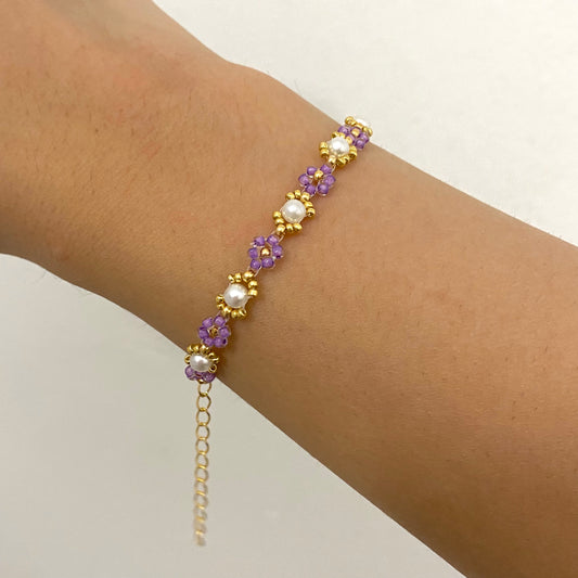 Purple Beaded Flower Pearl Bracelet