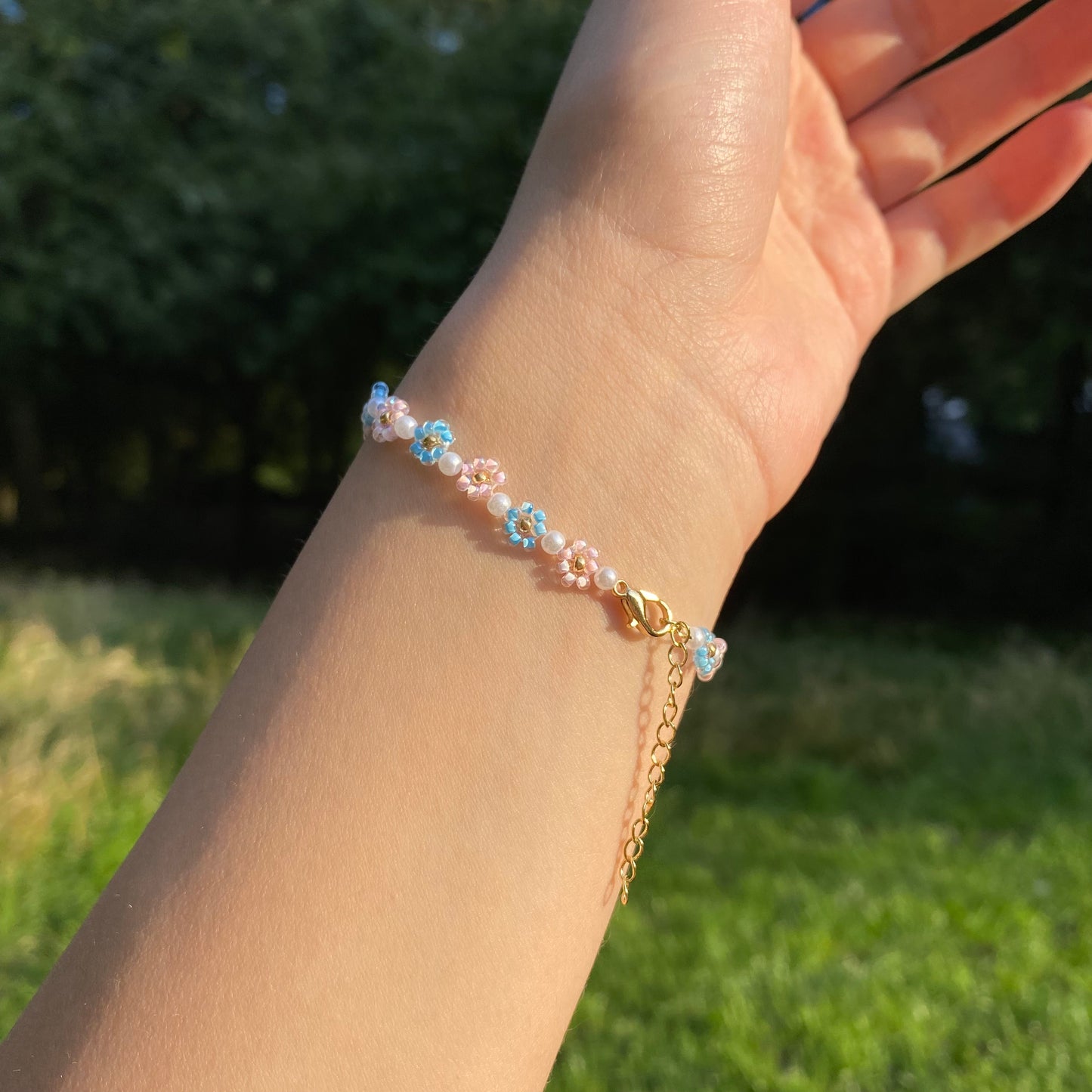 Pink and Blue Flower Crystal Bracelet
