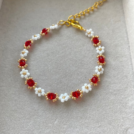 Red Beaded Crystal Flower Bracelet