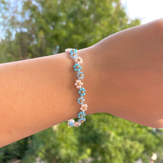 Blue Beaded Flower Bracelet
