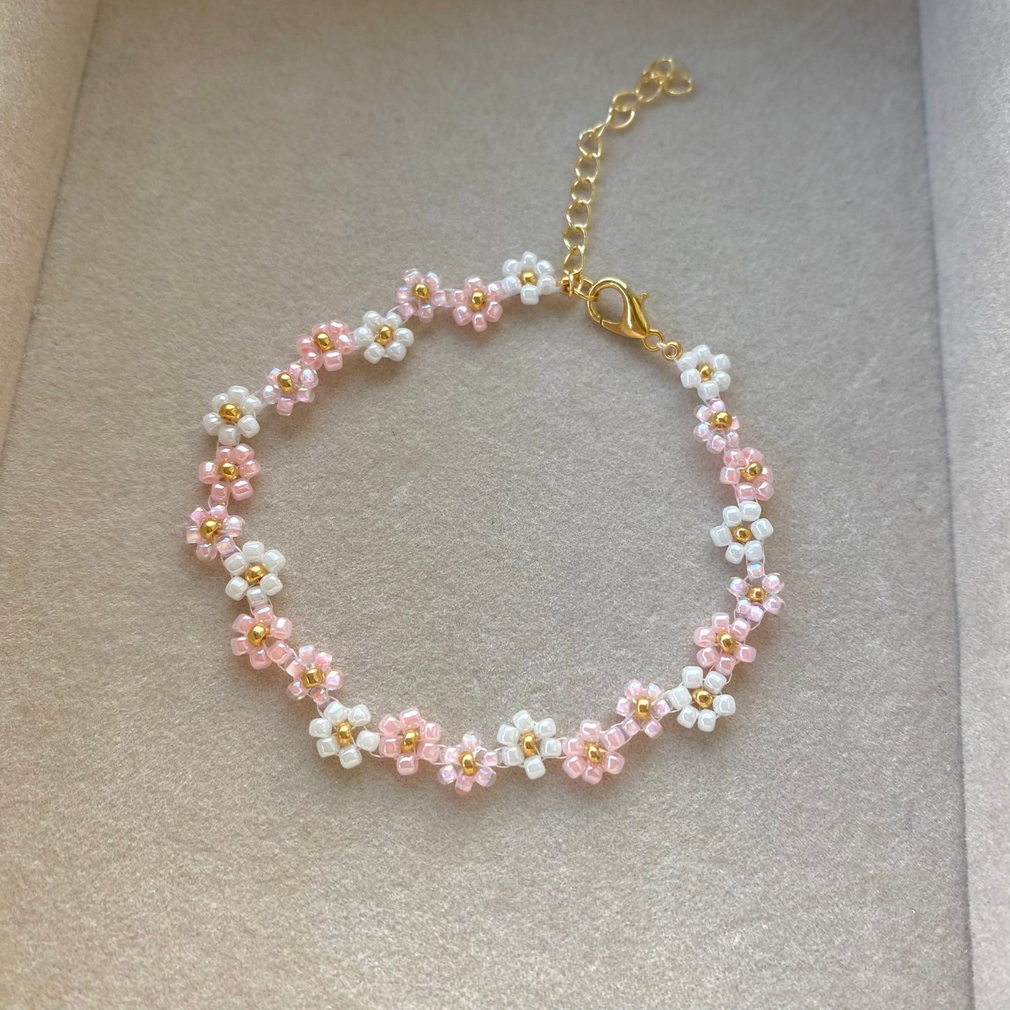 Pink Beaded Flower Bracelet