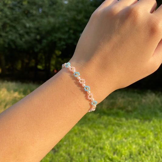 Pink and Blue Flower Crystal Bracelet