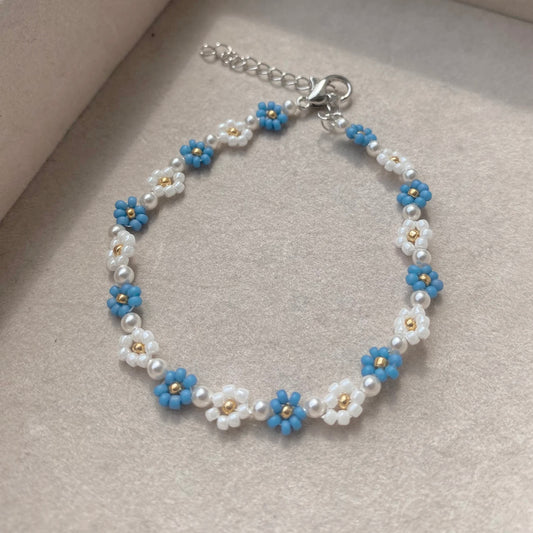 Blue Beaded Flower Bracelet