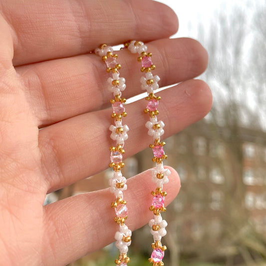 Hot Pink Beaded Flower Bracelet