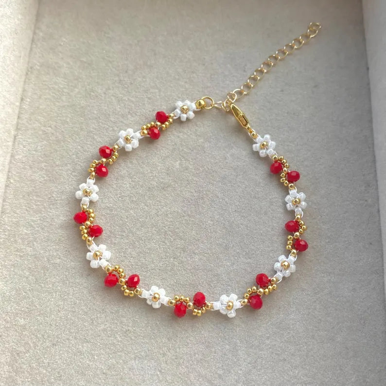 Red Wave Beaded Flower Bracelet